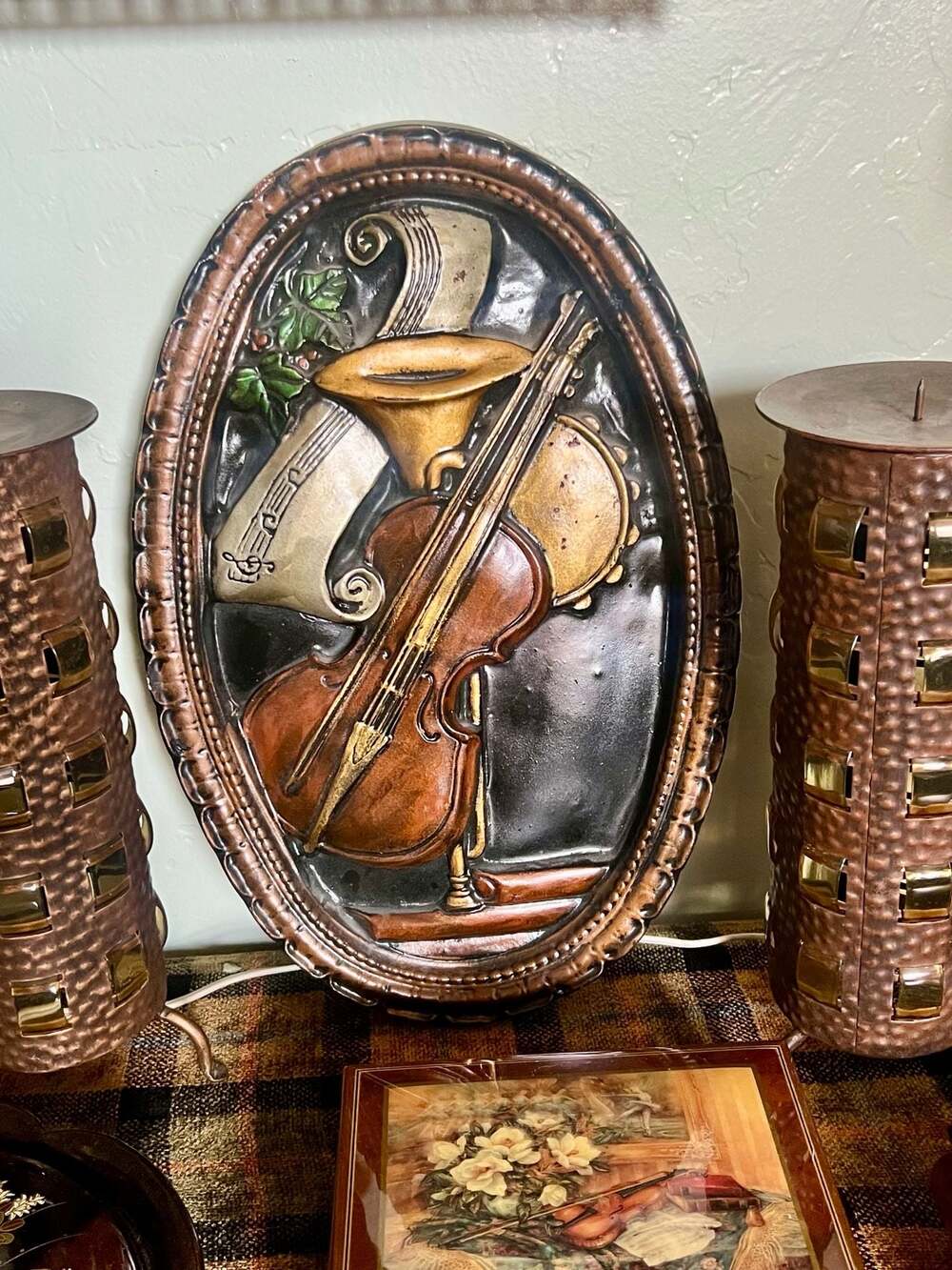Vintage Violin Picture Antique  Wall Hanging, chalkware